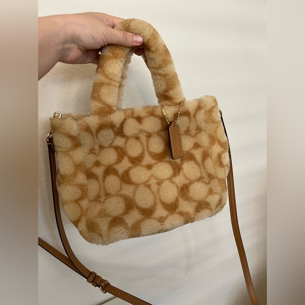 Coach tan faux fur bag with strap